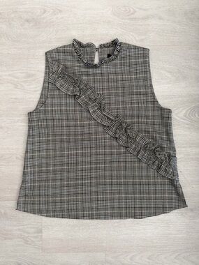 Zara Black and Gray Plaid Ruffle Sleeveless Top